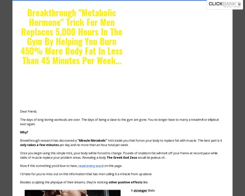 Breakthrough “Metabolic Hormone” Trick For Males Replaces 5,000 Hours In The Gymnasium By Serving to You Burn 450% Extra Physique Fats In Much less Than 45 Minutes Per Week…